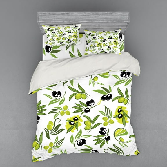 Ambesonne Botanical Bedding Set 4 Pcs, Fresh Olive Branches Art, Queen, Green White and Charcoal Grey