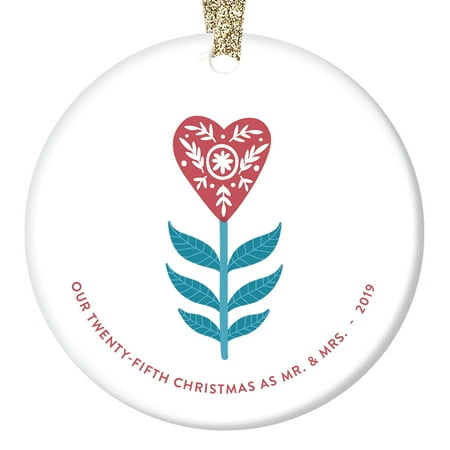 100 Christmas Gifts 25 25th Christmas as Mr & Mrs Ornament 2019 Dated Twenty-Fifth Wedding Anniversary Gift Couple 25 Twenty-Five Years Married Present Husband Wife Heart Decor Glossy 3” Flat Circle Gold Ribbon OR00755-25 ()