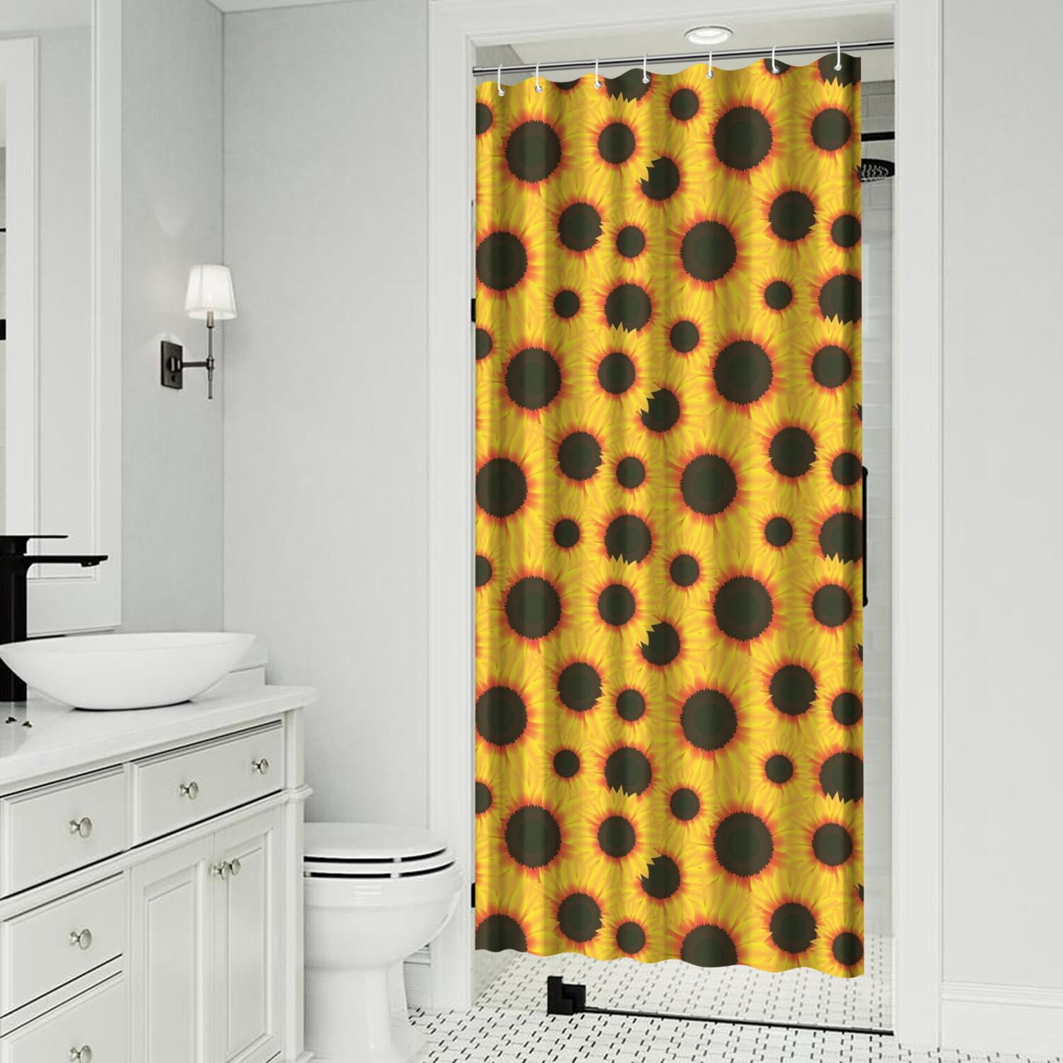 Floral Sunflower Pattern Shower Curtain Rustic Farmhouse Style Waterproof Quick-Dry Bathroom Curtain