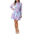 thumbnail image 2 of INSPIRE CHIC Women's Floral Ruffle Trim Long Sleeve Smocked Neck Layered Mini Dresses XL Blues, 2 of 6