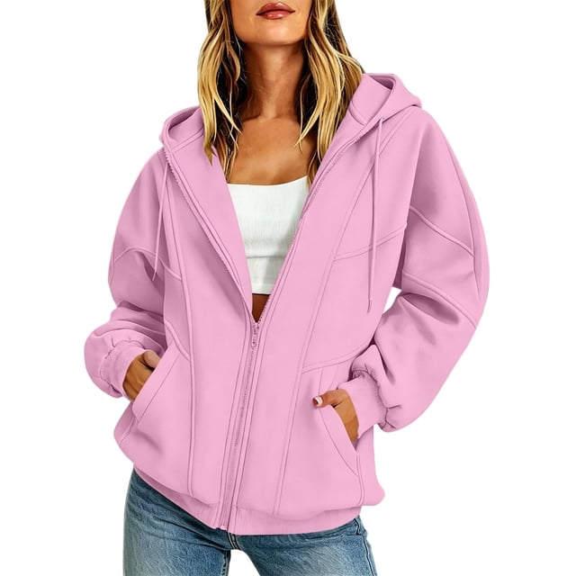 Sudadera con Cierre para Mujer con Cordón, Chaquetas con Capucha de Forro Polar Suave con 2 Bolsillos, Otoño, Casual, Holgada, Lisa, Estampada, de Manga Larga