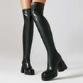 thumbnail image 3 of Womens Platform Thigh High Boots Sexy Fitted Leather Square Toe Chunky Heeled Pull on over The Knee Tall Boots, 3 of 5