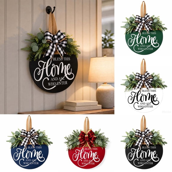 Bless This Home Front Door Sign 3D ,Wooden Farmhouse Door Hanger with Faux Greenery and Buffalo Plaid Bow,Rustic Welcome Decor 12 inch