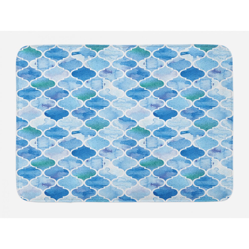 Moroccan Bath Mat, Oriental Style Arabic Mosaic Pattern in Watercolor