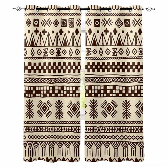 Boho Blackout Curtains for Bedroom/Living Room, Thermal Insulated Kitchen Curtains, Beige Brown Traditional Ethnic Geometric Motifs Grommet Darkening Window Treatment Drapes 42"x63"x2