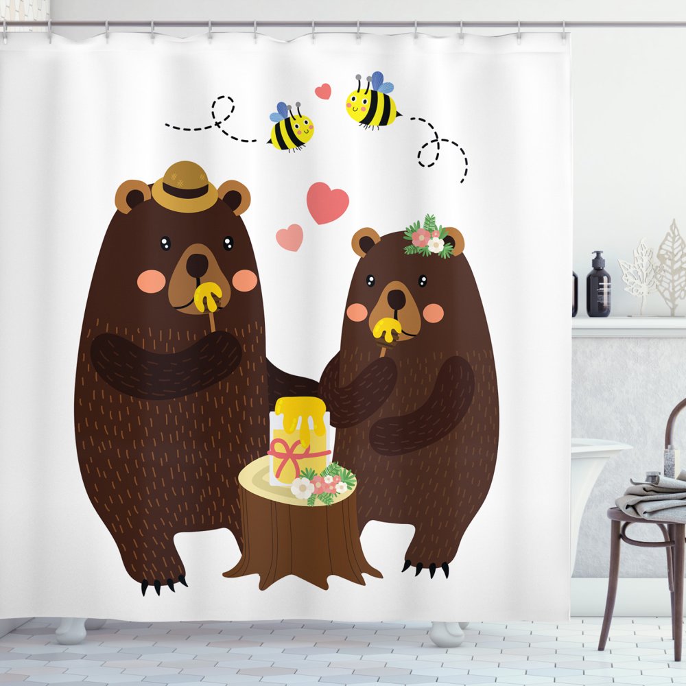 Bear Shower Curtain, Forest Party with Grizzly Bears and Bees Having