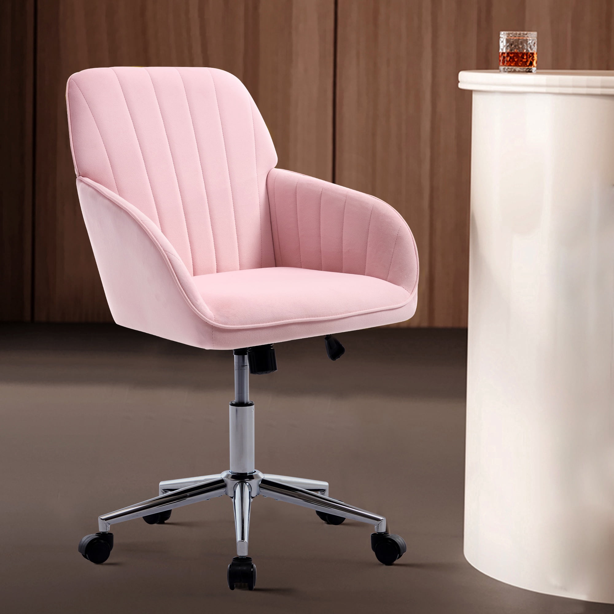 PORKISS Vanity Chair, Swivel Home Office Chair, Ergonomic Desk Chair with Silver Metal Base, Adjustable Height, Velvet Upholstered Task Chair, Baby Pink