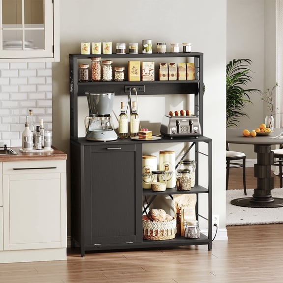 HOOBRO Bakers Rack Microwave Stand Industrial 5-Tier with Power Outlet, Trash Can Bin Cabinet, Black