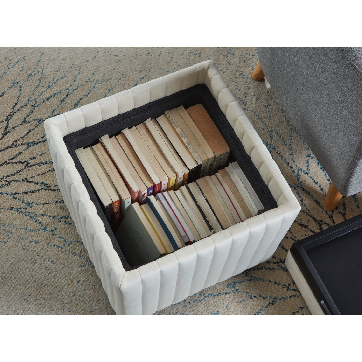 18 Inch Beige Square Cube Storage Ottoman Bench with Coffee Tray for Living Room and Bedroom