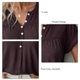 thumbnail image 5 of Short Sleeve Blouse Button V Neck Pleated Design Pure Color Casual Women Summer Top for Office Daily Shopping Brown M, 5 of 6