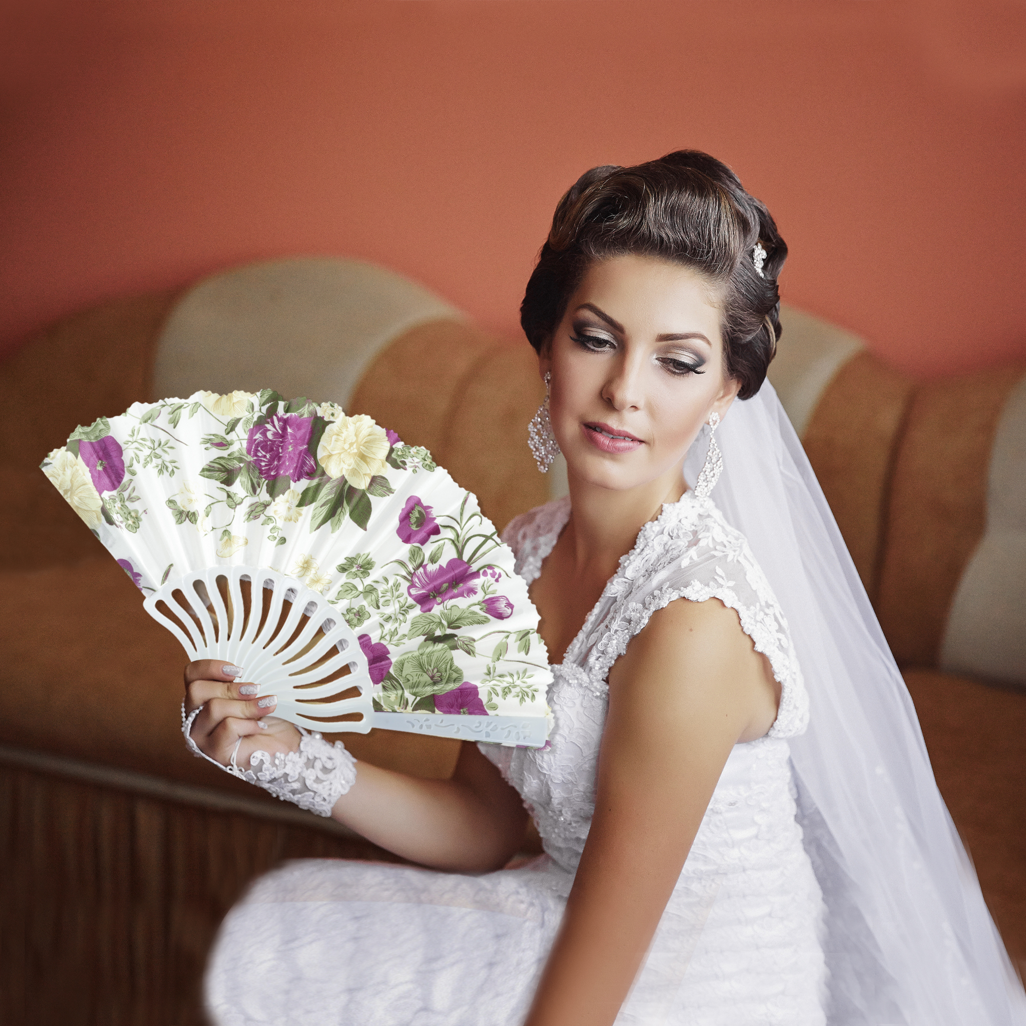 Unique Bargains Elegant Floral Design Folding Hand Fan Purple Green