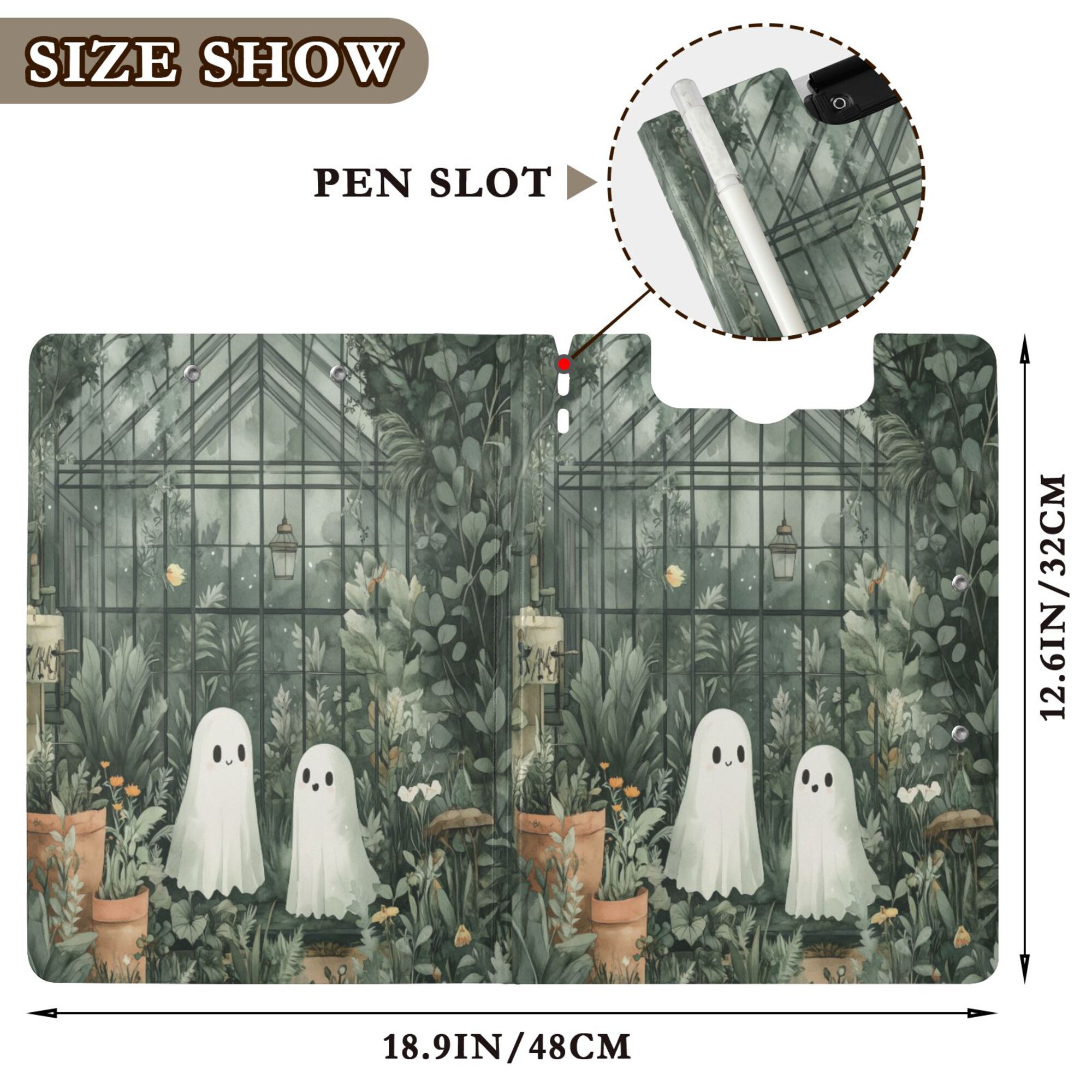 FORMRS A4 Clipboard Folder with Pen Holder Horizontal Foldable School Office Binder, Cute Ghosts Playing