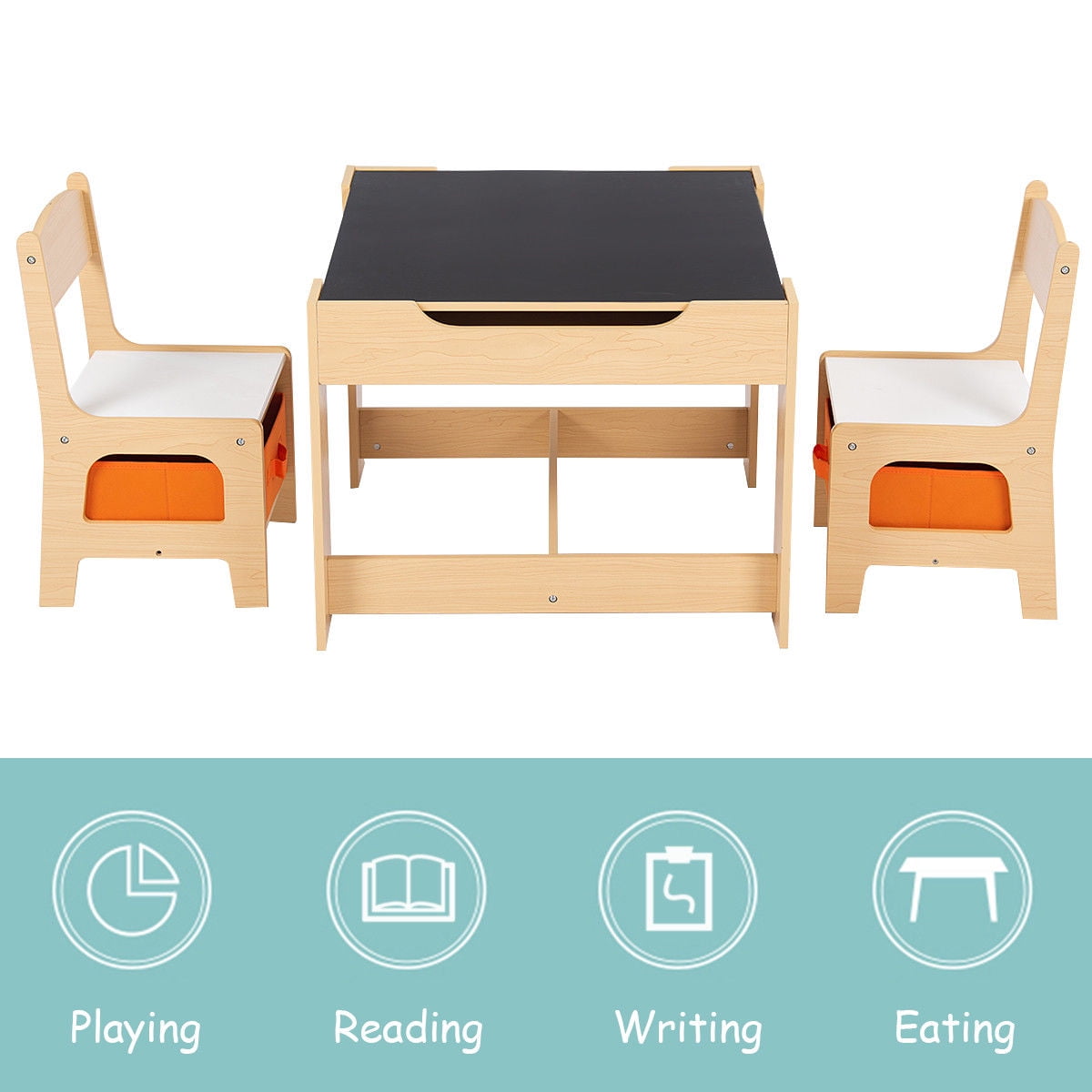 Gymax Children Kids Table Chairs Set W/ Storage Boxes Blackboard Whiteboard Drawing