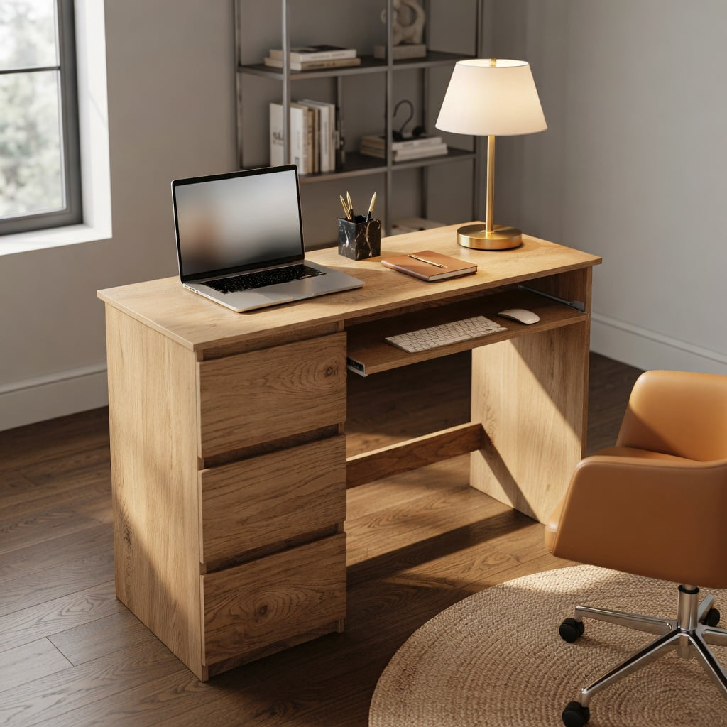 Spaco Computer Desk with Power Outlet Keyboard Tray and 3 Large Drawers-Natural,