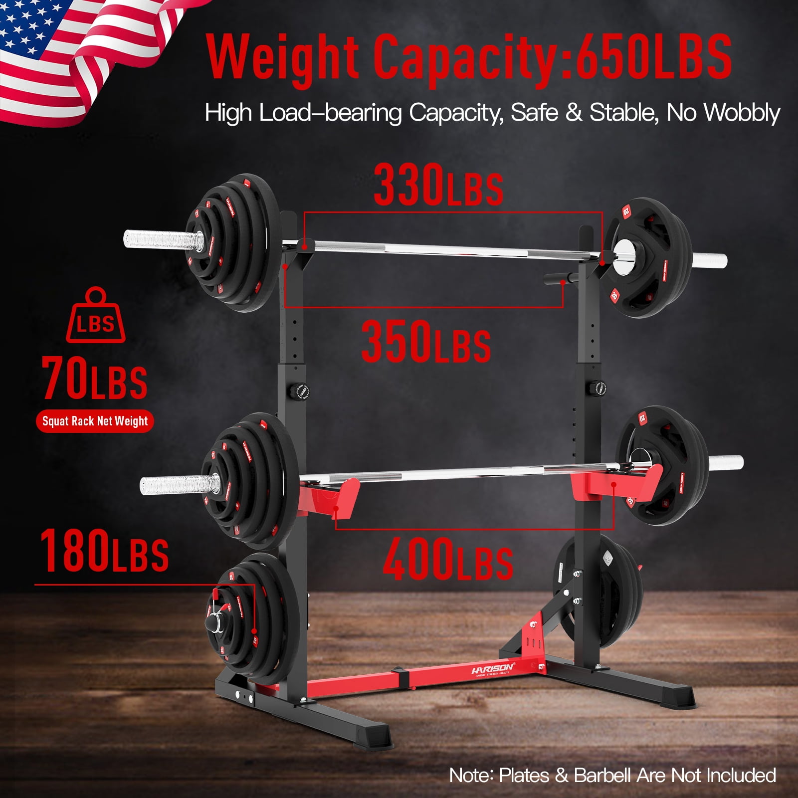 HARISON Adjustable Power Cage, Squat Rack for Home Gym with 650 LBS Capacity, Multifunction Bench Press Rack Stand Workout Equipment (Plates and Bars Not Included)