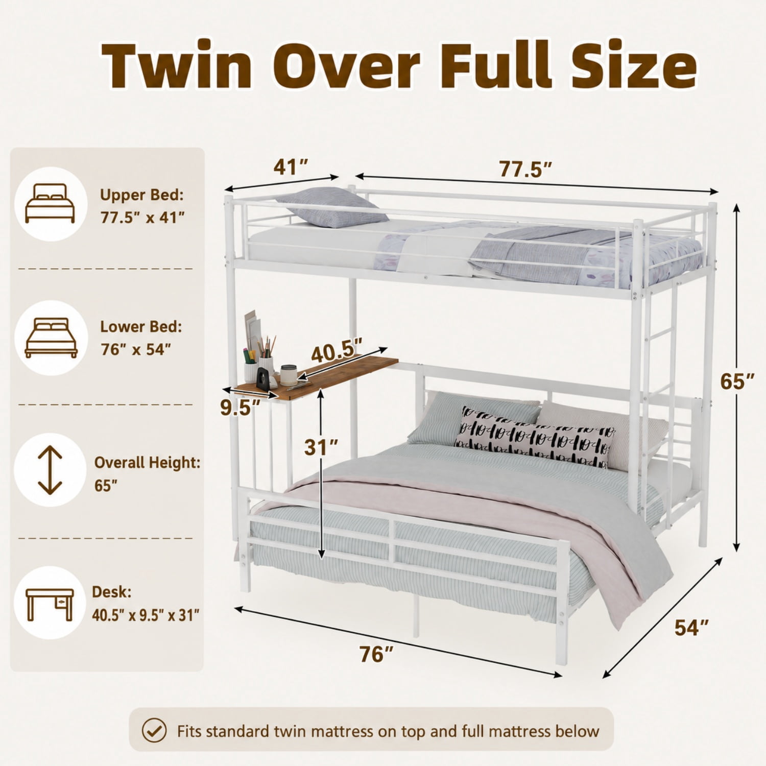 Miniyam Twin Over Full Bunk Bed with Built-In Desk – Metal Space-Saving Bed for Kids, Teens, Dorm Rooms, White