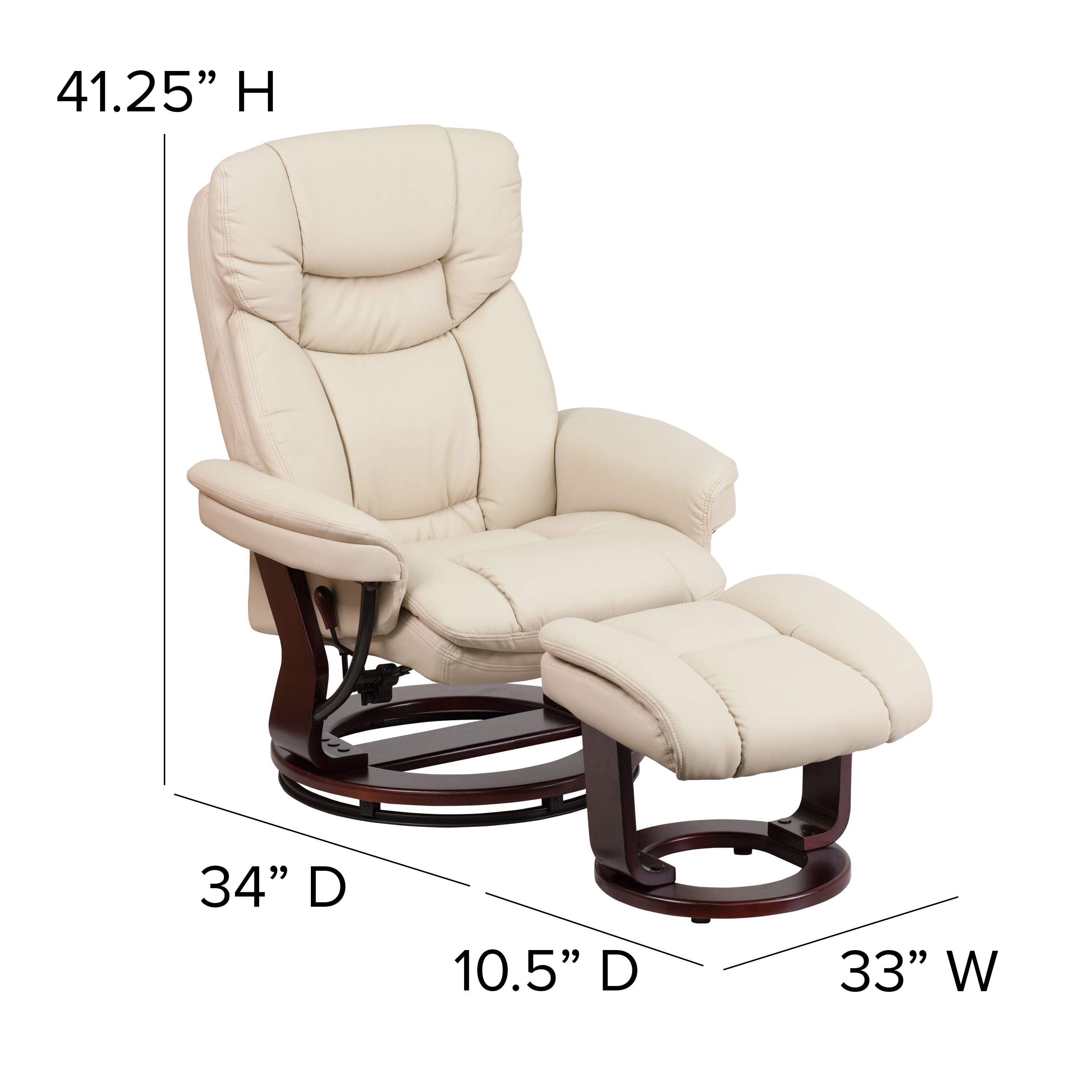 Emma + Oliver Multi-Position Recliner & Curved Ottoman with Swivel Wood Base in Beige Leather