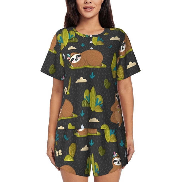 Fotbe Funny Sloths In The Forest Conjunto de Pijama Estampado para Mujer, 2 Piezas, Ropa de Dormir con Camiseta de Manga Corta y Shorts Suaves-XX-Large