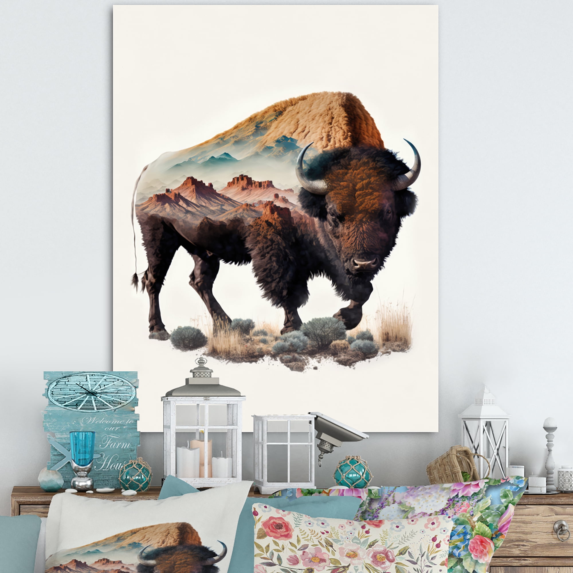 Designart Double Exposure Of A Bison With Nevada Landscape II Canvas Wall Art