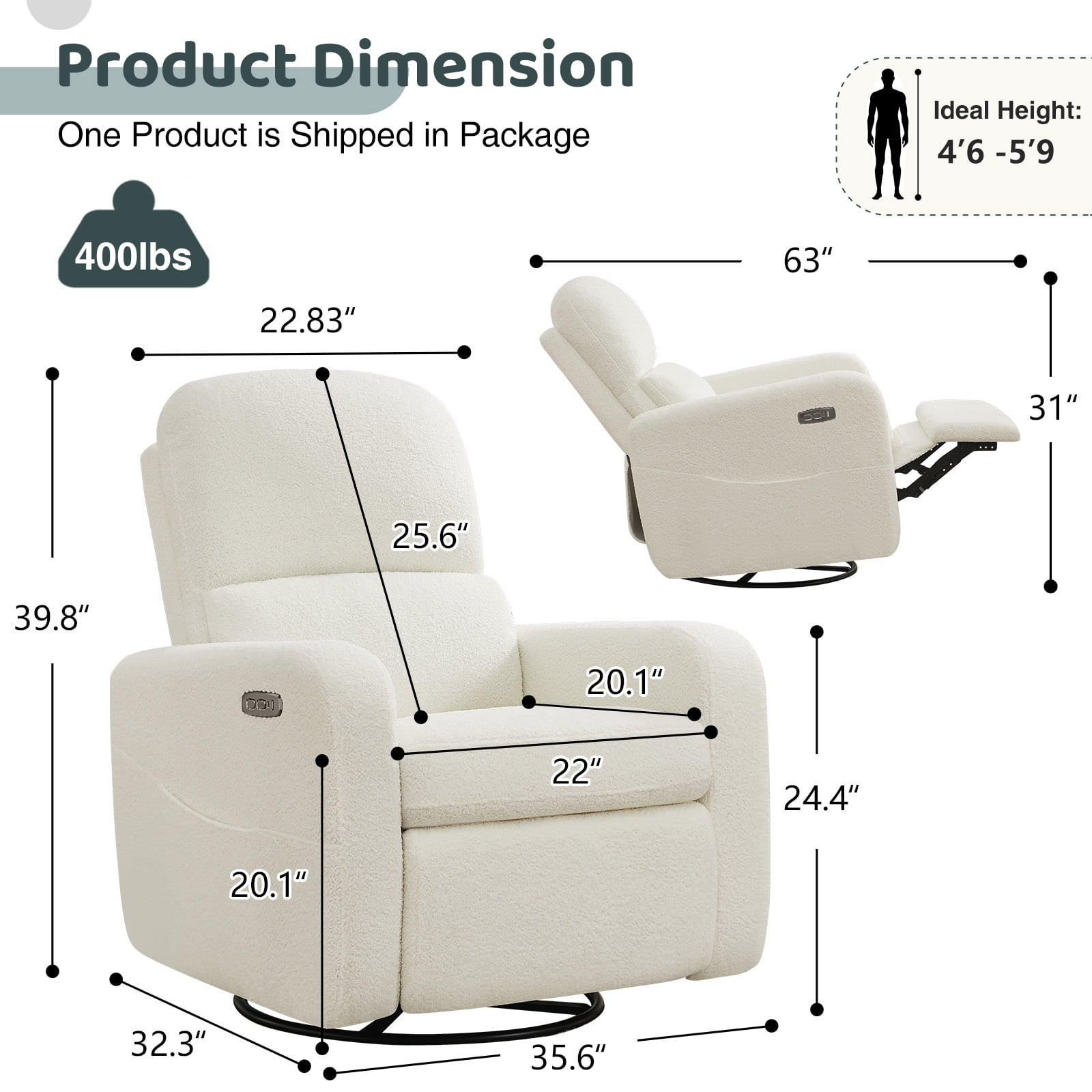Aemeios Swivel Power Recliner Chair Teddy Nursery Glider Rocking Recliner, White