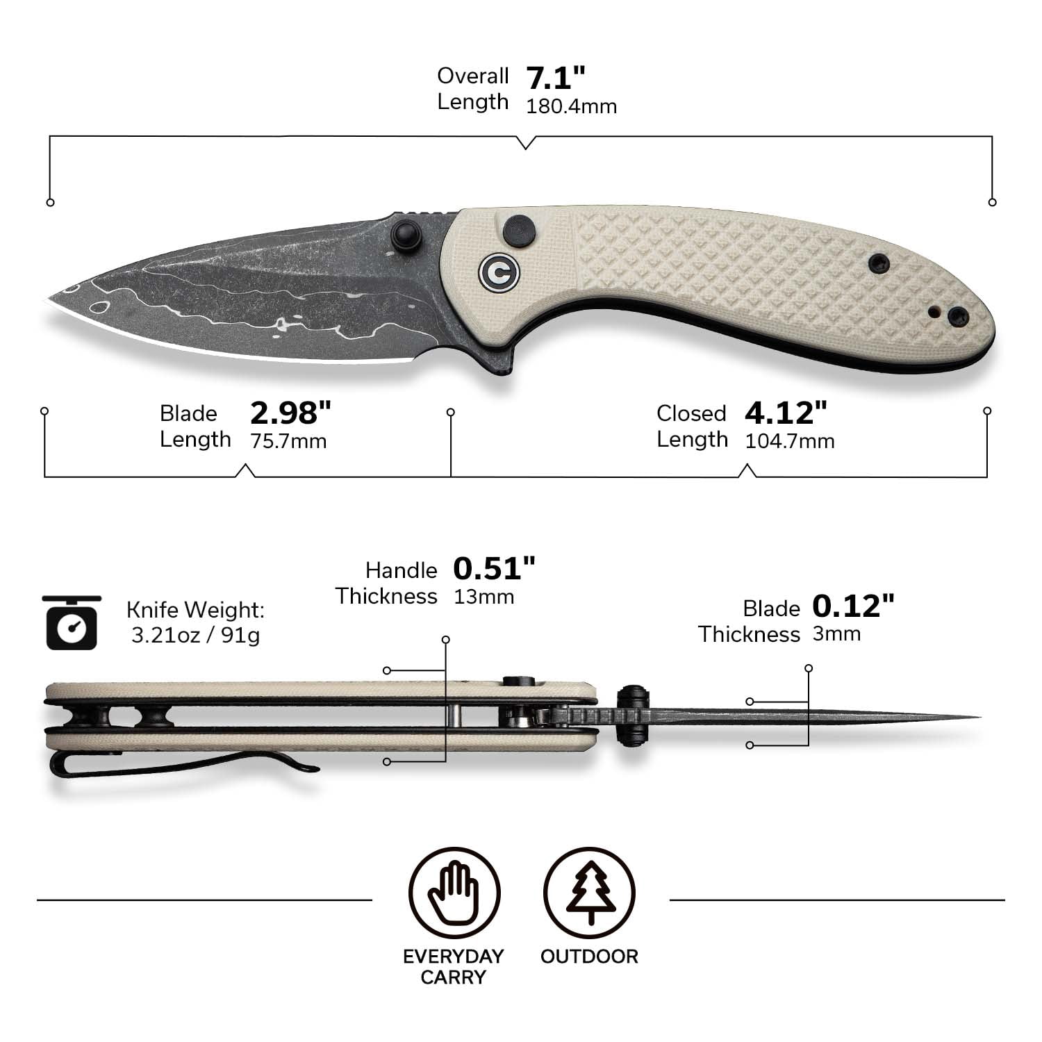 CIVIVI Faeger Button Lock Pocket Folding Knife with 2.98" Damascus Blade , Black Aluminum Handle C24031-DS1