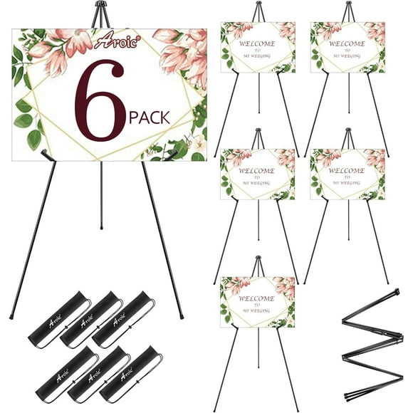 AROIC Chevalet 63 Pouces pour Exposition, Lot de 6 Chevalets en Métal Pliables Portables, Chevalets pour Panneaux, Logos de Mariage, Arts, Peinture, Chevalets de Sol Réglables avec 6