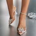 thumbnail image 2 of Rokment Womens Bridal Sparkly Rhinestones Clear Stiletto High Heels Dressy Sandals Bling Crystal Transparent Pointed Peep Toe Slingback Dress Pumps Shoes for Bride Wedding Spring Summer Beige, 2 of 9