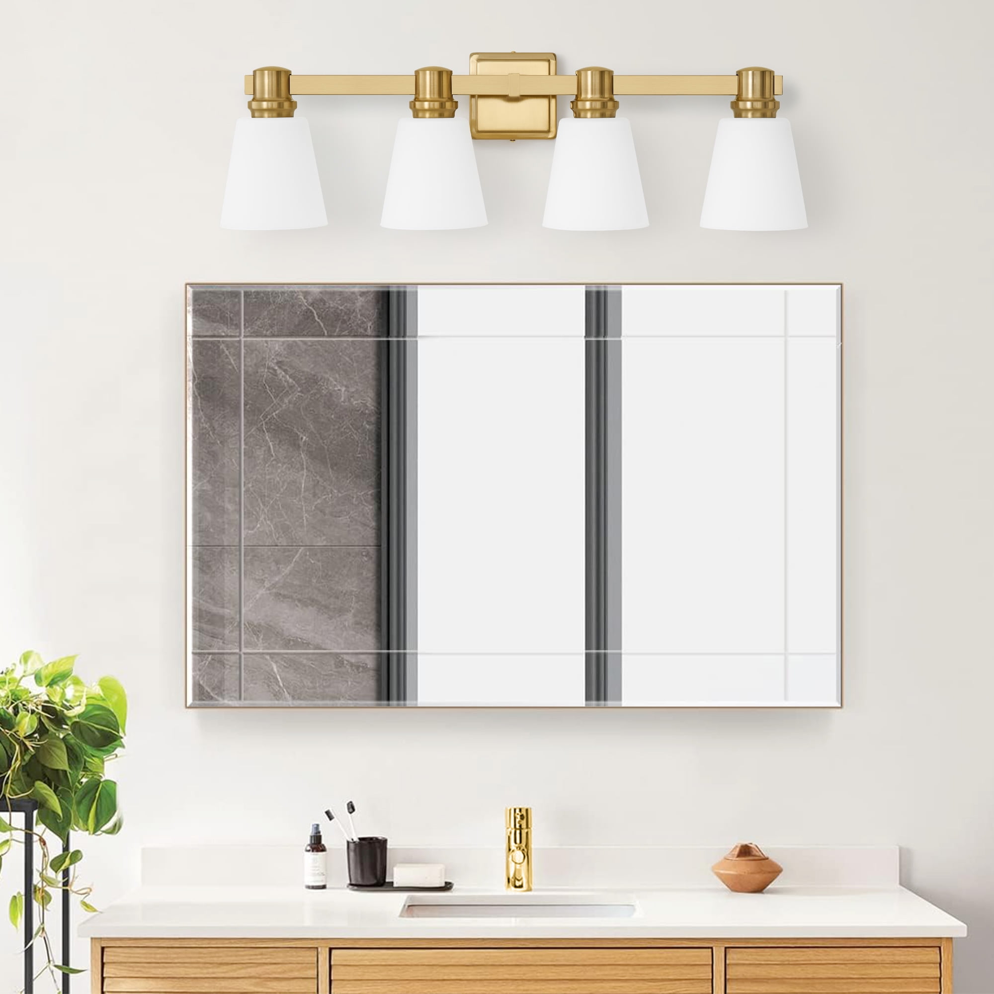 Deyidn 30" 4-Light Vanity Light, Gold Dimmable Bathroom Light Fixture with Milk White Cone Shades for Modern Farmhouse