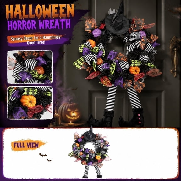 Winsafor Scary Halloween Wreath for Front Door Indoor Outdoor – Creepy Gothic Door Hanging with Spooky Design for Haunted House Party Decor Fall Wreath Decorations Home