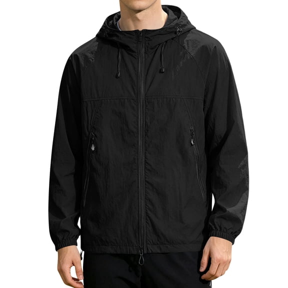 Men's Long Sleeve Hooded Sun Jacket UPF Protection Lightweight Windbreaker Full Zip Up Top with Pockets Water Resistant Quick Dry for Hiking Fishing Travel Outdoor Summer Spring Black L