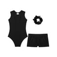 thumbnail image 4 of TTAO Kids Girls Sparkle Gymnastics Leotard Tumbling Bodysuit Unitard with Athletic Dance Shorts Hair Tie Set Black 16, 4 of 7