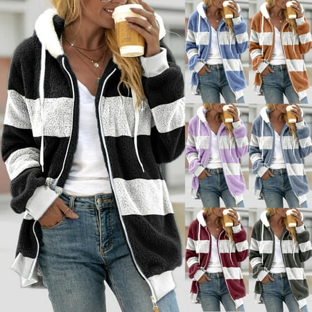 JURANMO Womens Zip Up Hoodie Jackets Fall Winter Reversible Plush Warm Jacket 2024 Fall Winter Fashion Color Block Striped Coats Outwear Plus Size Daily Deals Blue S