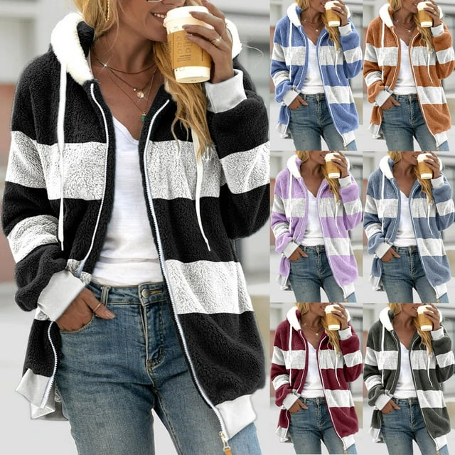 Meichang Winter Coats for Women Plus Size Fuzzy Sherpa Fleece Jacket Color Block Hooded Zip Up Coats Outerwear Warm Long Sleeve Drawstring Winter Jackets