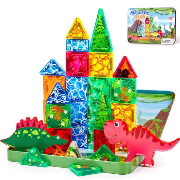 YunTopKids Mini Magnetic Tiles , 36Pcs Travel Magnetic Tiles Dinosaur Sets Montessori Learning Toys Travel Toys for Kids Ages 3  Gifts