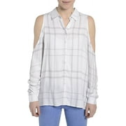 Romeo and Juliet Couture WHITE Women's Cold Shoulder Plaid Shirt, US Medium
