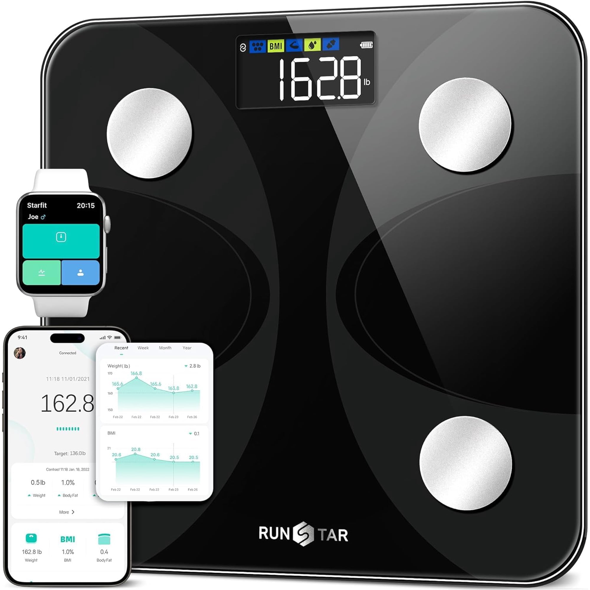 Runstar Scale for Body Weight with Large Display,13 Body Composition Sync APP, FSA/HSA, 400lb, Black