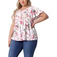 thumbnail image 4 of Blusa casual de verano para mujer de tallas grandes Agnes Orinda, con estampado floral, volantes, plisada, escote en V y mangas cortas, 2X, blanca con flores rosas., 4 of 6