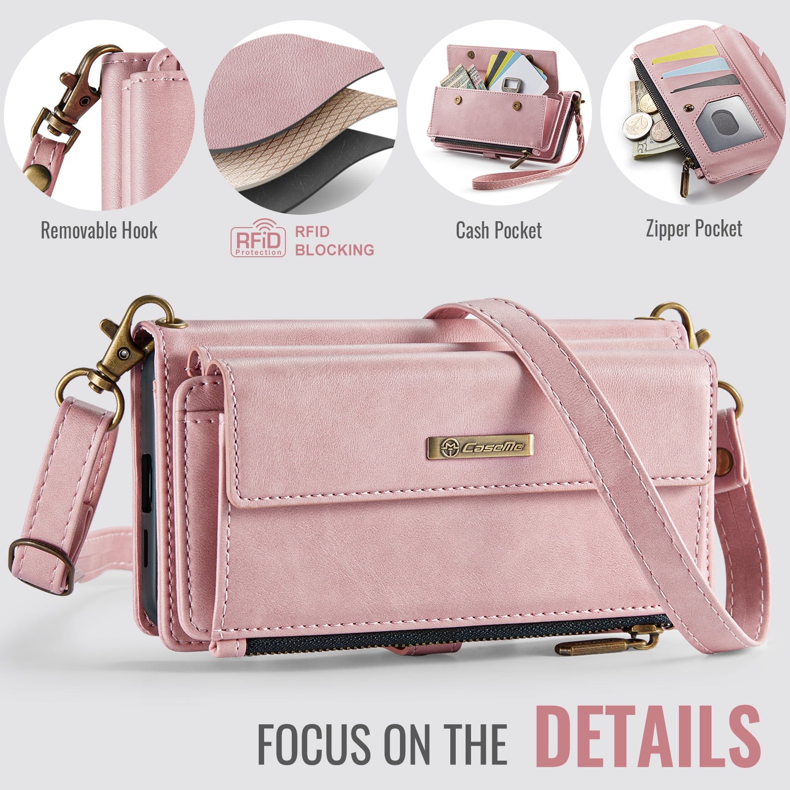 Decase Wallet Case for iPhone 16,Magnetic Flip Zipper Pocket PU Leather Phone Cover,Crossbody Flip Cover with RFID Card Slots,Pink