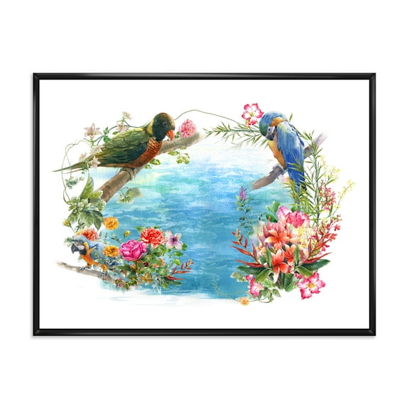 Designart 'Parrots and Flowers By The Blue Waterside' Traditional Framed Canvas Wall Art Print