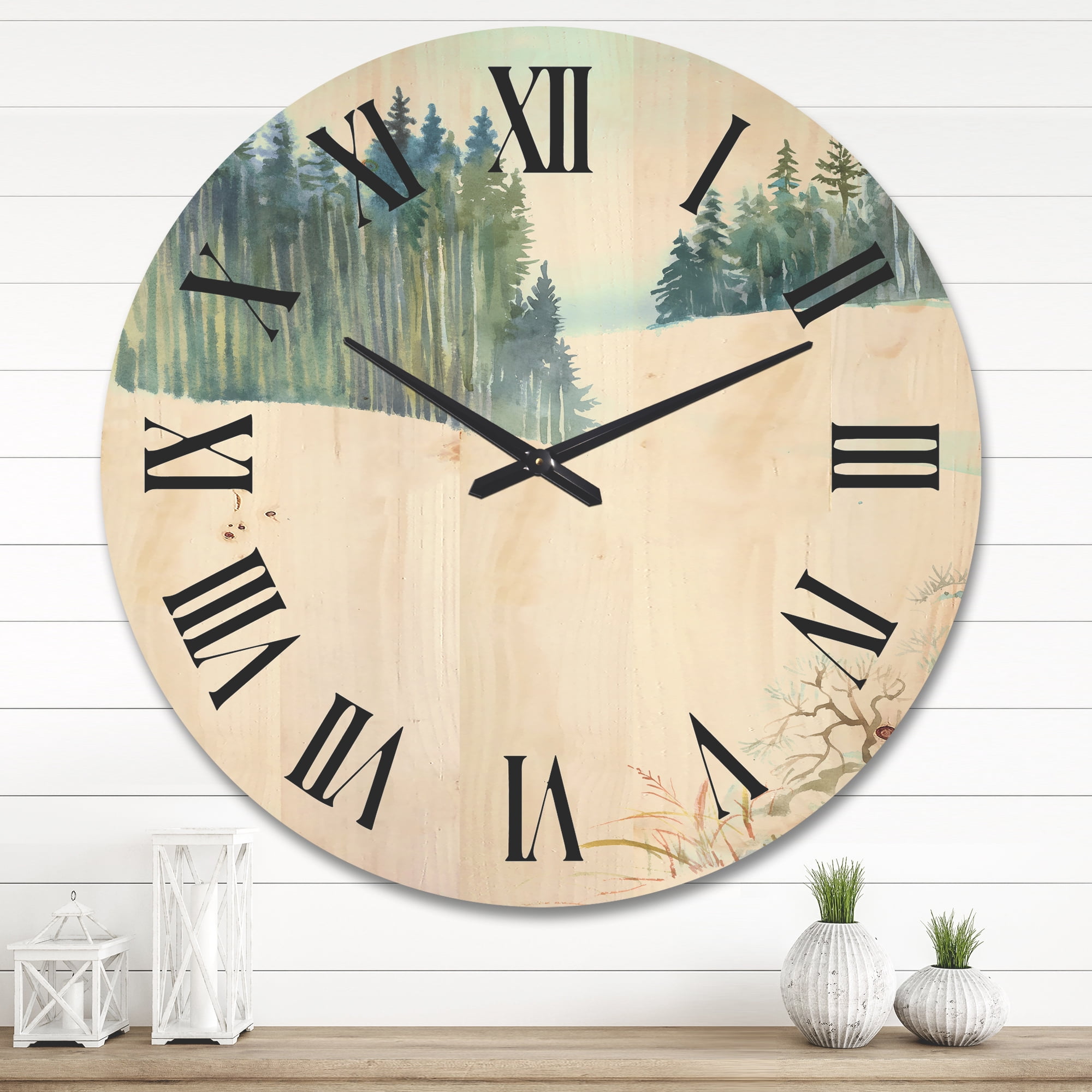 Designart 'Pine Forest In Snowy Winter Mountains' Traditional Wood Wall Clock
