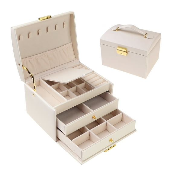 Unique Bargains 3 Layer Jewelry Box PU Leather Jewelry Organizer Case with Drawer White