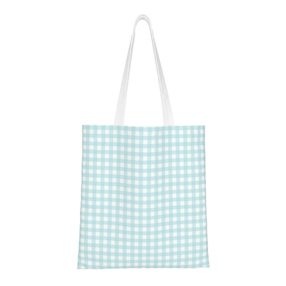 YFYANG Reusable Cotton Canvas Tote Shopping Bag, Classic Blue Plaid Washable Portable Grocery Bag for Daily Travel