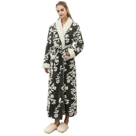 

Women s Sleeved Hooded Winter Bathrobe Splicing Long Home Clothes Lengthened Coat Robe Printing