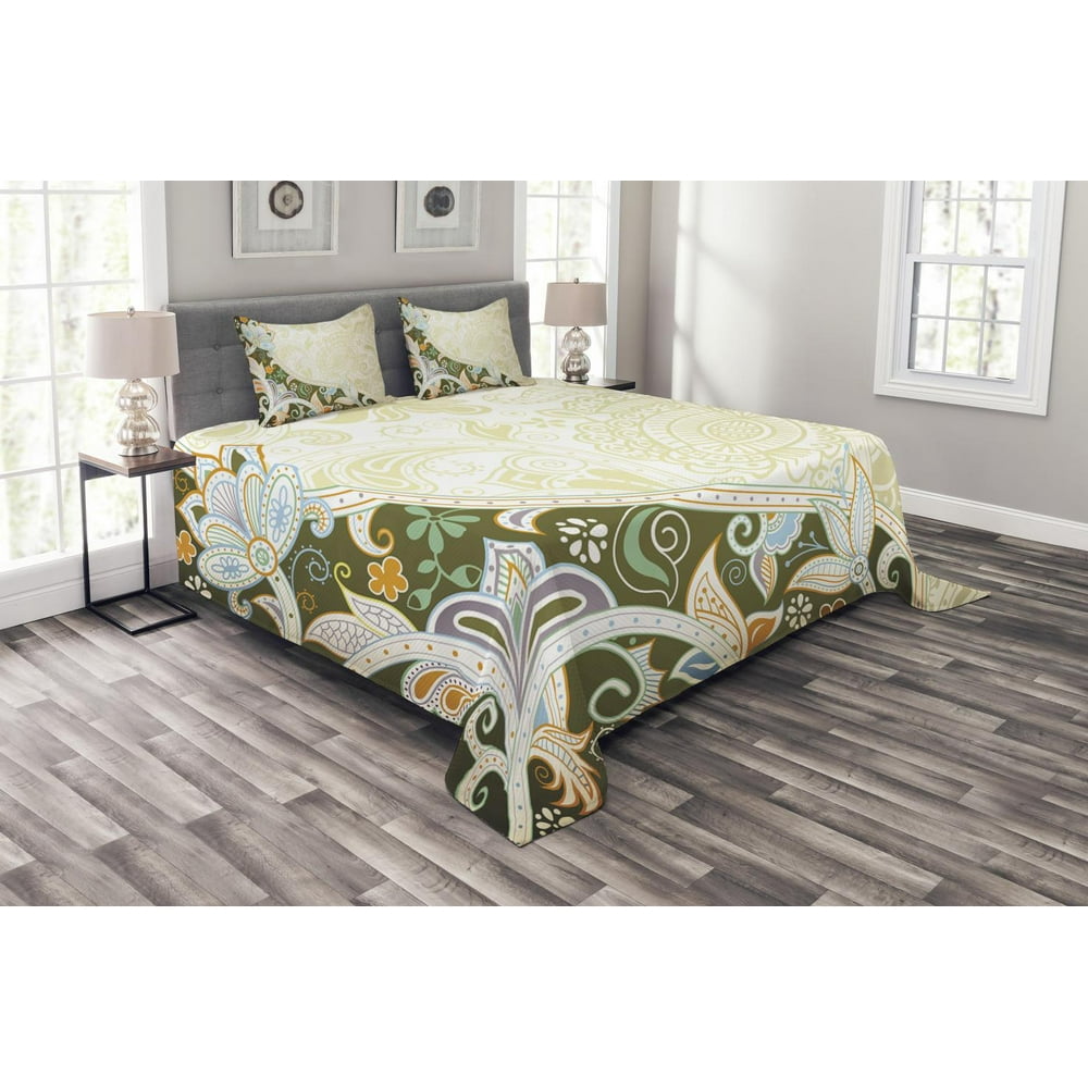 Olive Green Bedspread Set Queen Size, Abstract Floral Pattern Leaves