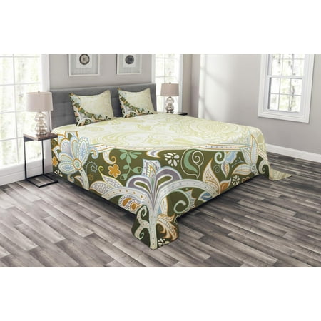 Olive Green Bedspread Set, Abstract Floral Pattern Leaves and Stripes Asian Inspirations Curvy 