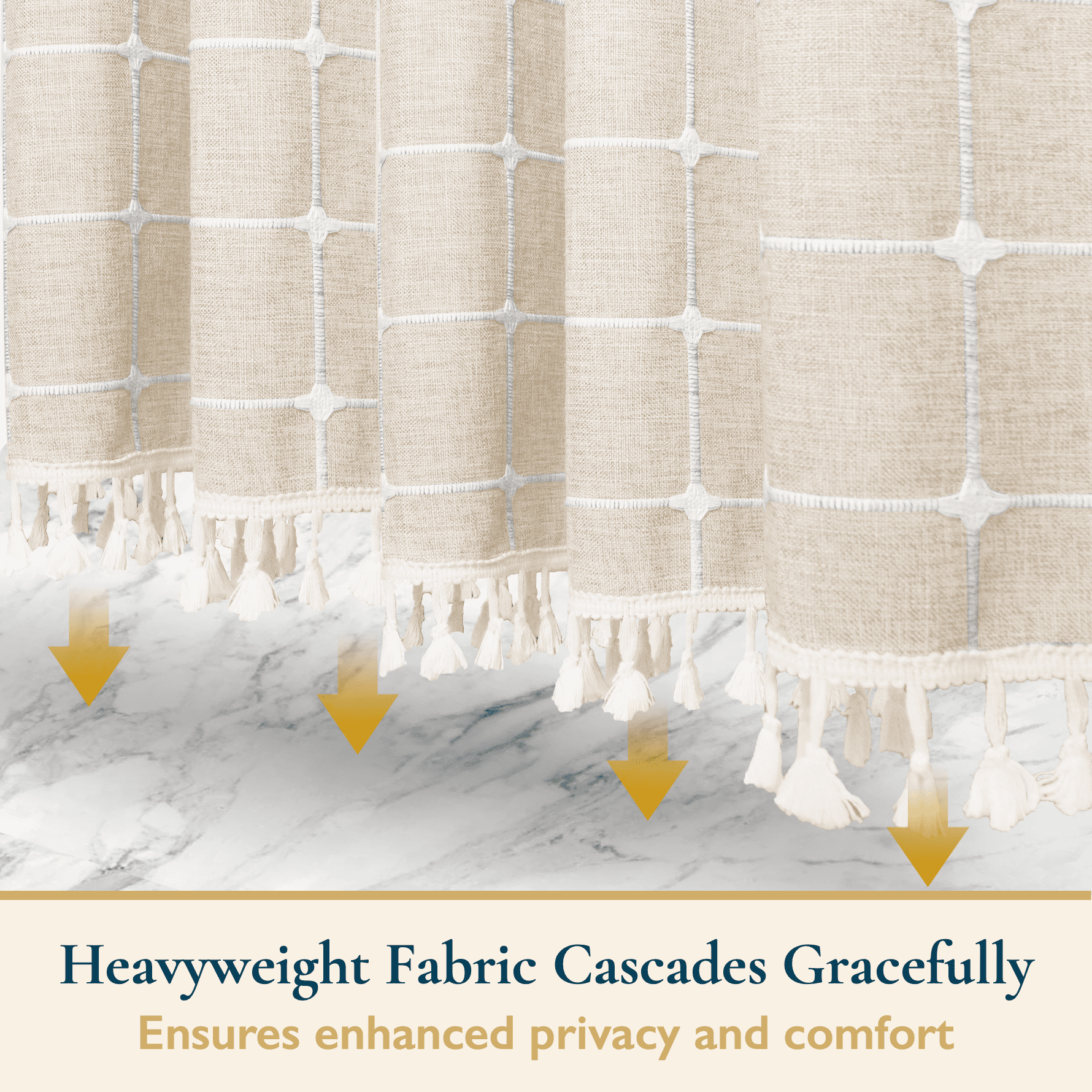 ComfiTime Tassel Shower Curtain Set with Hooks – 330 GSM Heavy-Duty Fabric Cloth, Boho Farmhouse Bathroom Curtain, Embroidered Hotel Luxury Linen, Water-Repellent, Machine-Washable, 72” x 72”, Beige