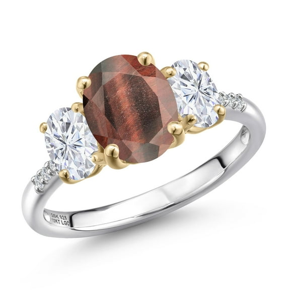 Gem Stone King 925 Silver and 10K Yellow Gold Red Tiger Eye and White Moissanite and Lab Grown Diamond Engagement Ring for Women | 2.56 Cttw | Oval 9X7MM | Birthstone | Size 9