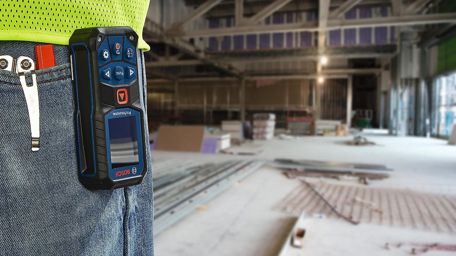 Bosch 165 Foot Laser Measure Backlit Color Display IP65 with Belt Clip