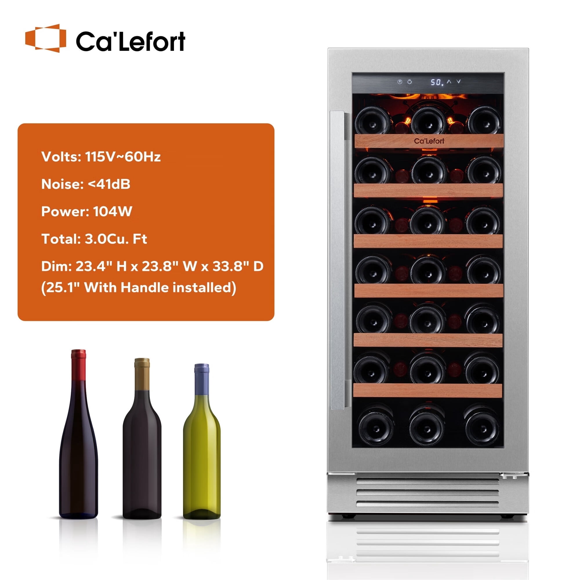 Ca'Lefort 15 inch Wine Cooler Refrigerator, 33 Bottle Wine Fridge with Glass Door Built-in & Freestanding Wine Cooler for Home/Office
