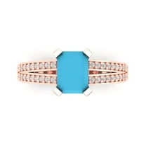 2.45 ctw Solitaire with Zirconia Diamond Accents Anniversary Ring for Women | Emerald Cut Simulated Turquoise | Hyperallergenic Solid 18K Rose Gold